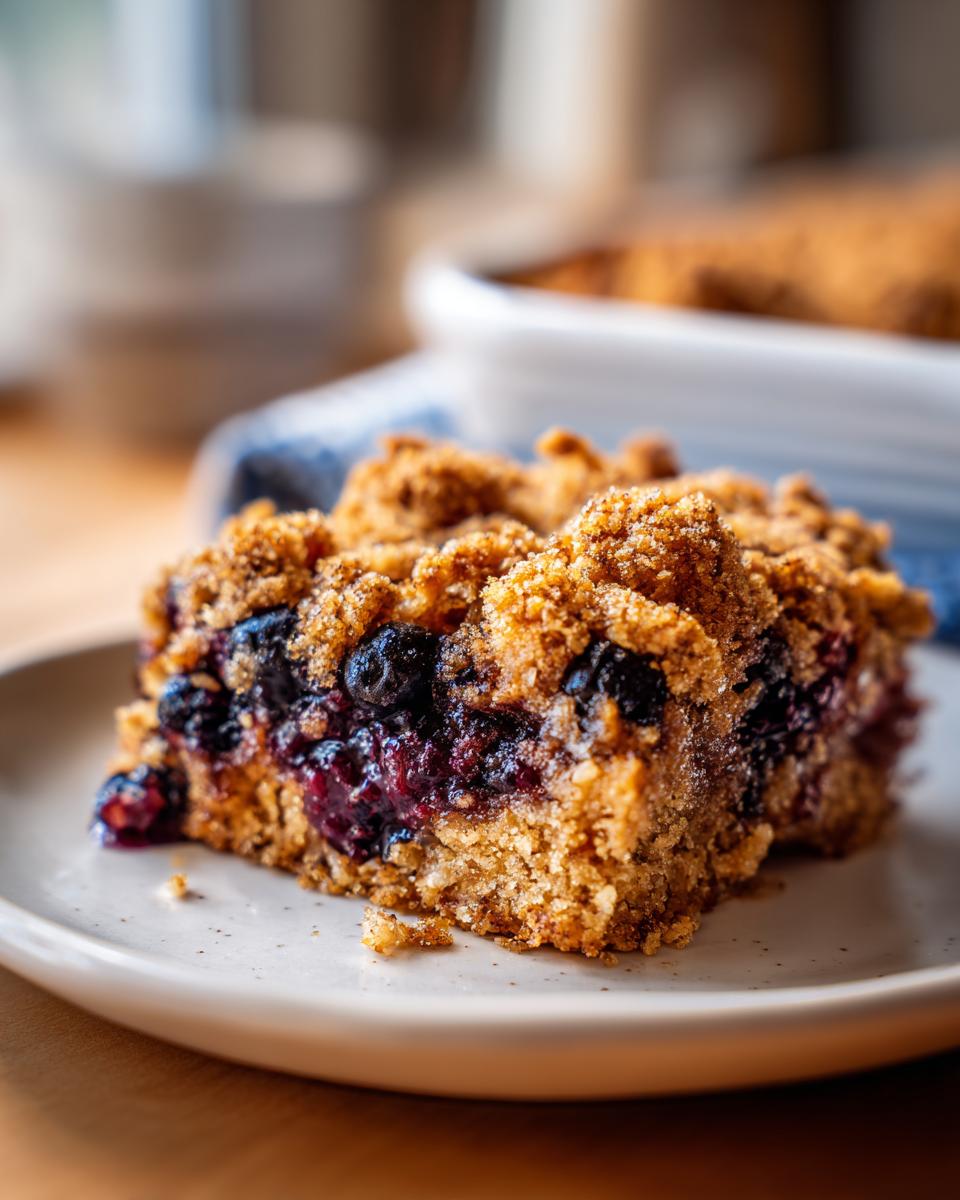 Close-up of a square slice of blueberry baked oatmeal with a thick, sugary crumb topping on a small plate.