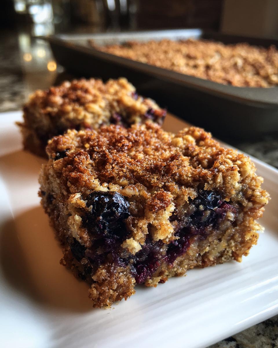 Close-up of a square serving of blueberry baked oatmeal with a crunchy brown sugar crumb topping.