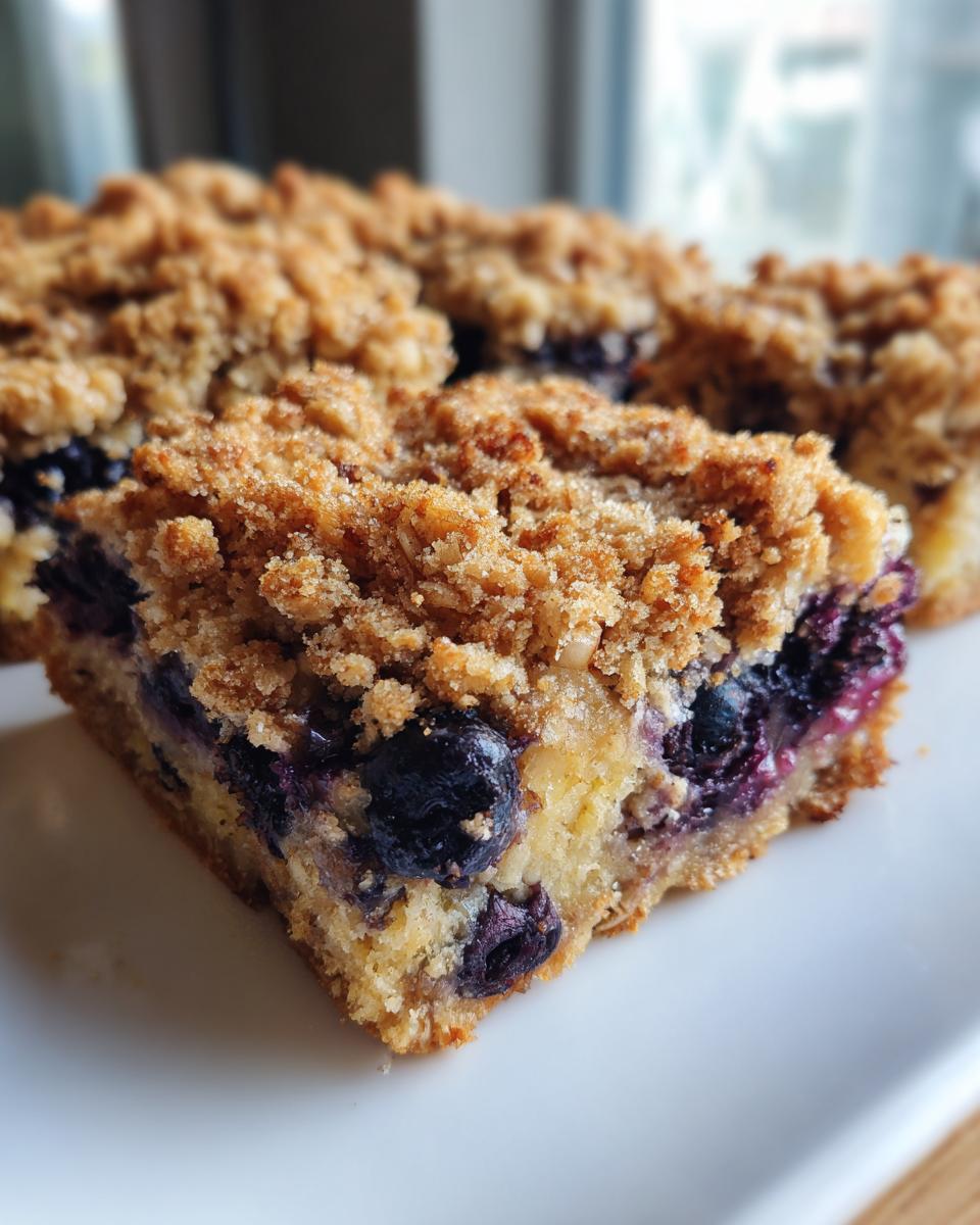 Close-up of a square of blueberry baked oatmeal with a thick, golden brown crumb topping.