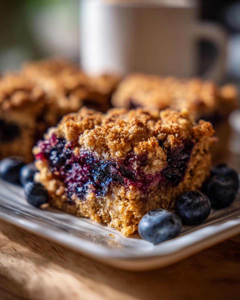 Close-up of a square slice of blueberry baked oatmeal with a crunchy oat topping, garnished with fresh blueberries.