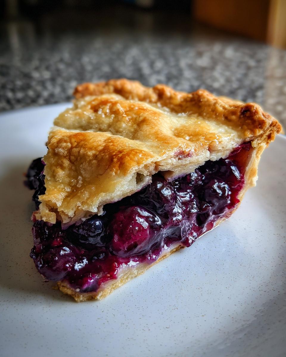 Close-up of a juicy slice from an amazing blueberry pie recipe with a flaky, golden-brown top crust.