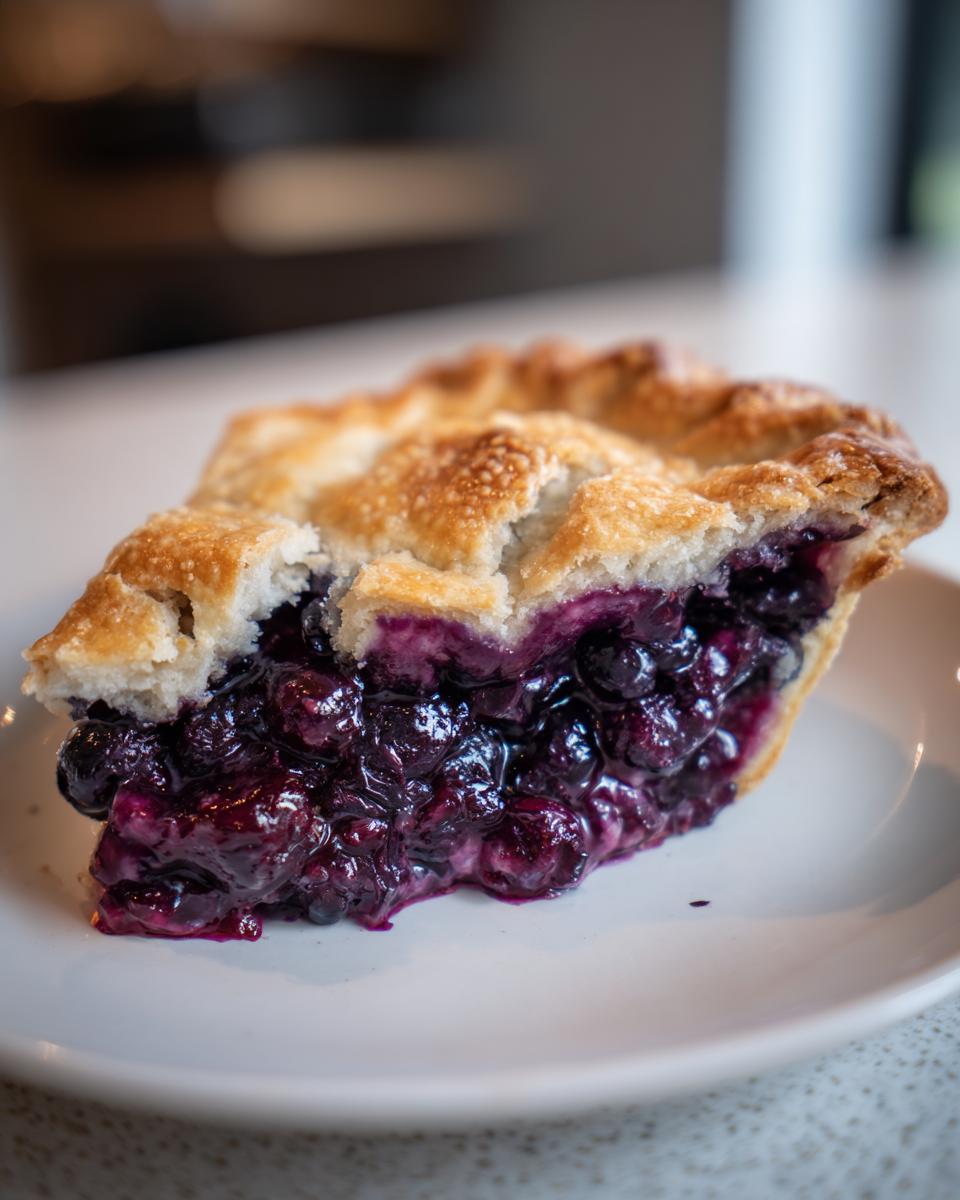 Close-up of a thick slice of blueberry pie recipe showing juicy, deep purple filling and flaky golden crust.
