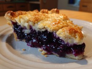 Close-up of a thick slice of blueberry pie recipe showing rich, dark filling and a golden, flaky top crust.