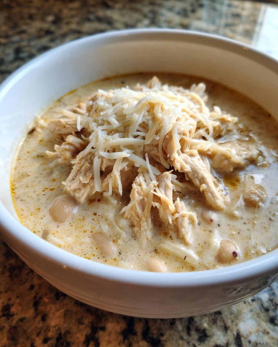 A close-up of a white bowl filled with creamy white bean and shredded chicken chili, topped with shredded white cheese.
