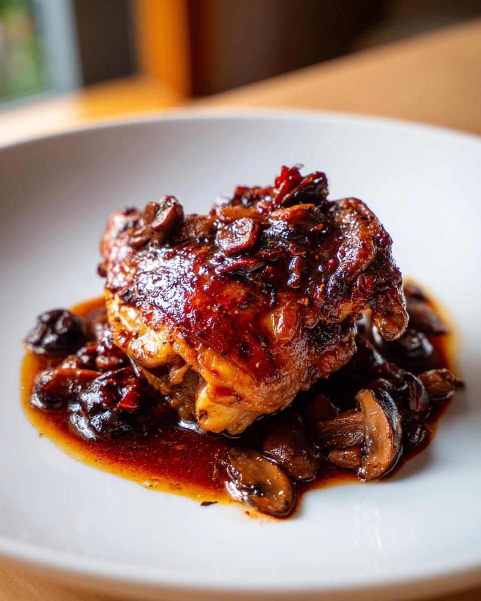 A close-up of a single, deeply glazed braised chicken thigh served with sliced mushrooms in a rich, dark sauce.