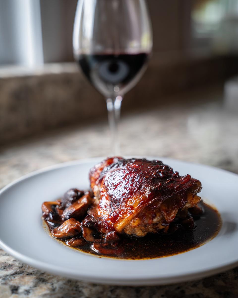 A single, richly glazed braised chicken thigh served with mushrooms and dark sauce, paired with a glass of red wine.