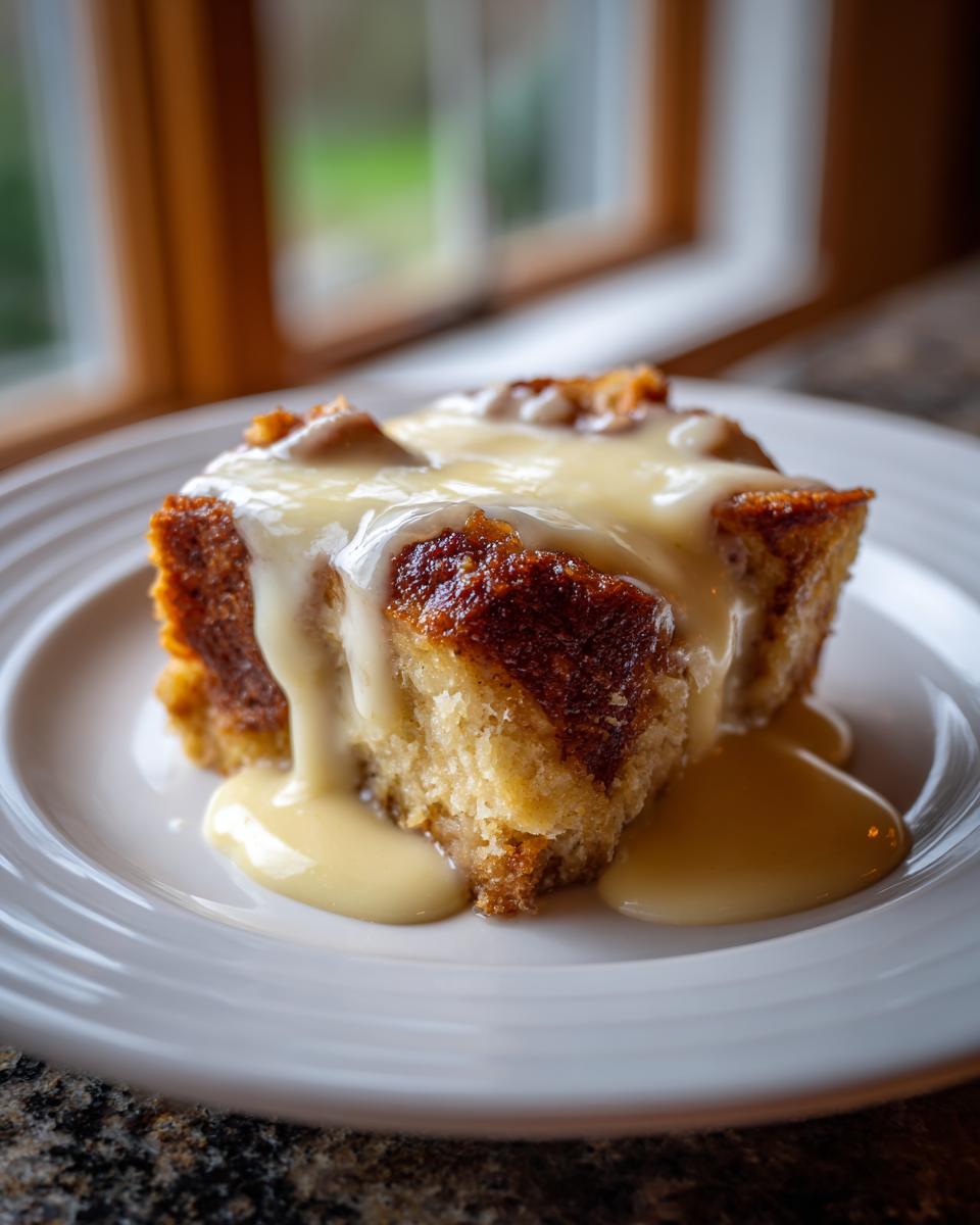 A close-up of a square slice of bread pudding recipe topped with rich vanilla custard sauce on a white plate.