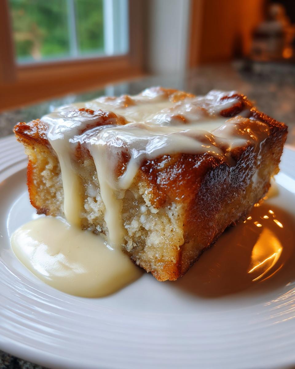 A square serving of warm bread pudding recipe topped with a thick, creamy vanilla sauce.
