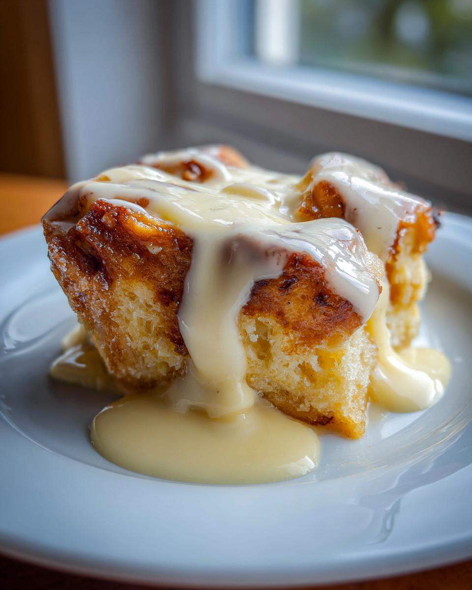 A close-up of a serving of delicious bread pudding recipe covered in thick vanilla custard sauce.