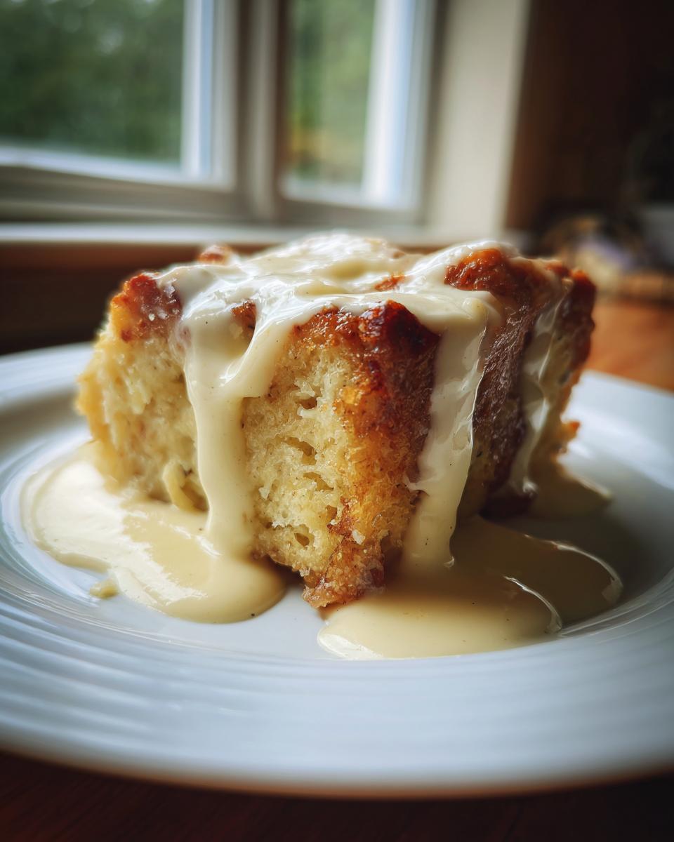 A close-up of a square slice of bread pudding recipe topped with thick vanilla custard sauce on a white plate.