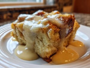A close-up of a serving of bread pudding recipe topped generously with creamy vanilla sauce on a white plate.