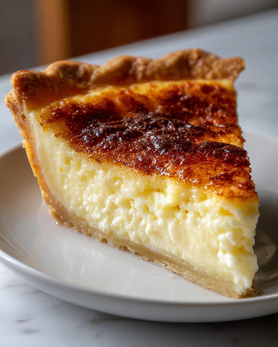 A close-up of a thick slice of buttermilk pie showing the creamy yellow filling and deeply caramelized top.