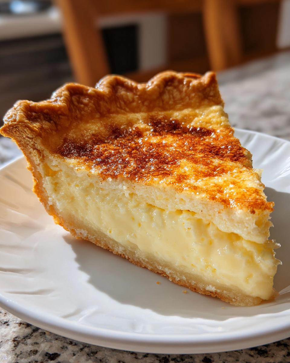 A close-up of a slice of classic buttermilk pie showing a creamy yellow filling and a golden, slightly caramelized top.