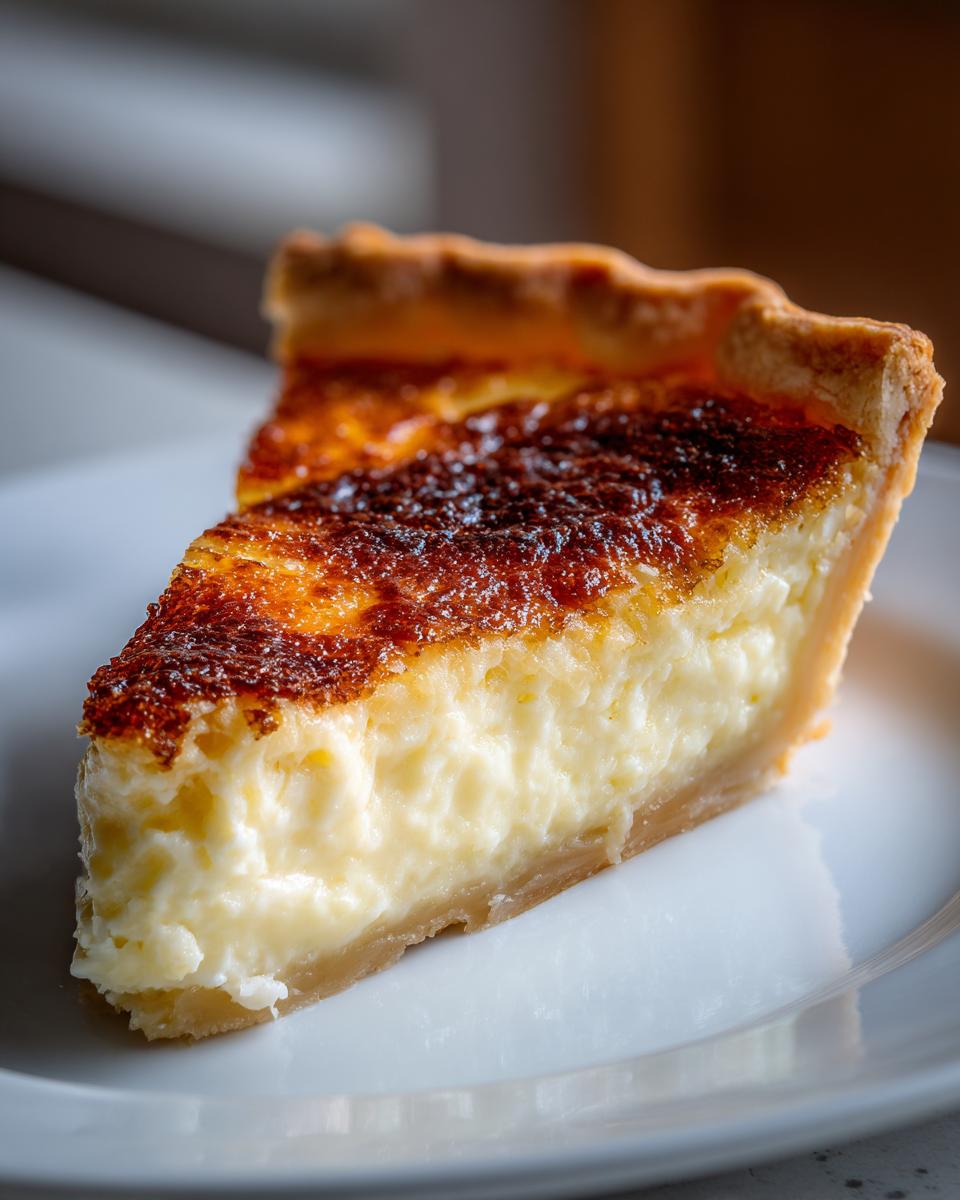Close-up of a creamy slice of buttermilk pie showing the rich, slightly browned top crust.