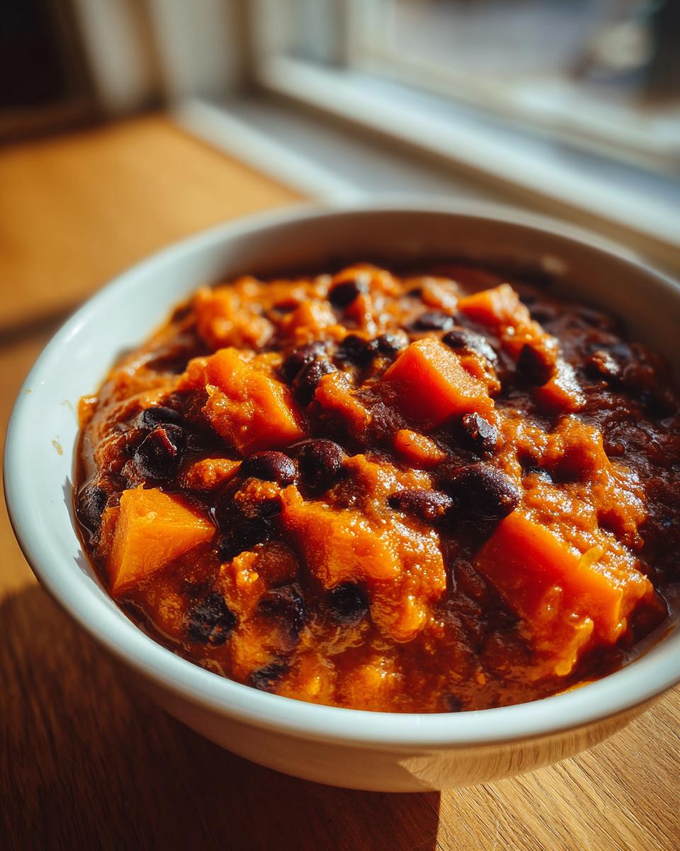 Close-up of a bowl filled with thick, rich butternut squash chili featuring chunks of orange squash and black beans.