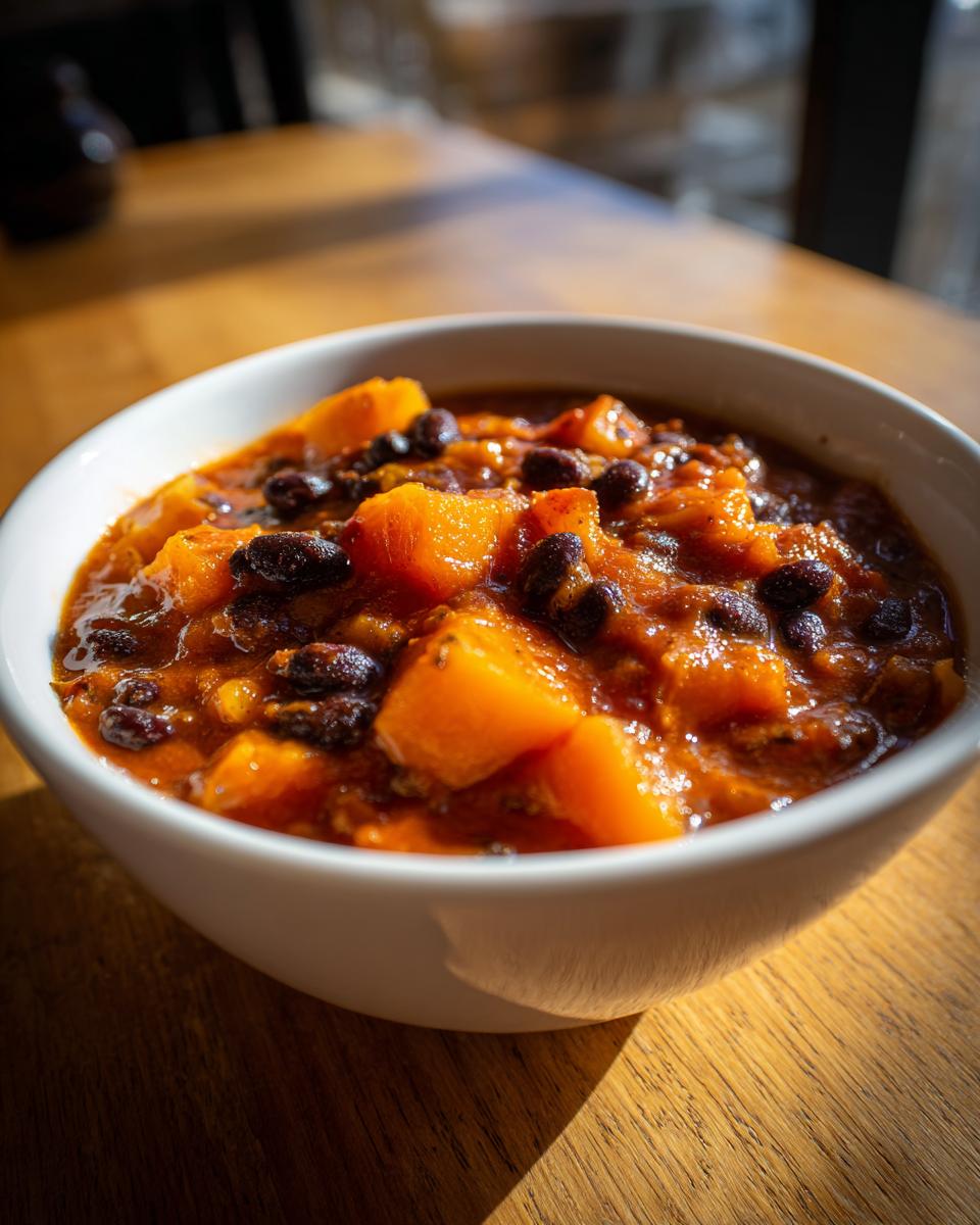 Close-up of a white bowl filled with rich, orange butternut squash chili and black beans, sitting on a sunny wooden table.