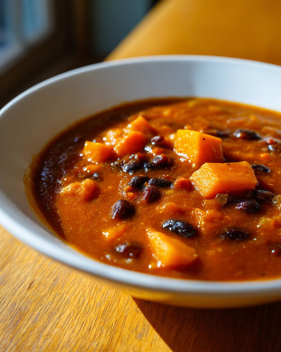 Close-up of a white bowl filled with rich, orange butternut squash chili featuring visible chunks of squash and black beans.