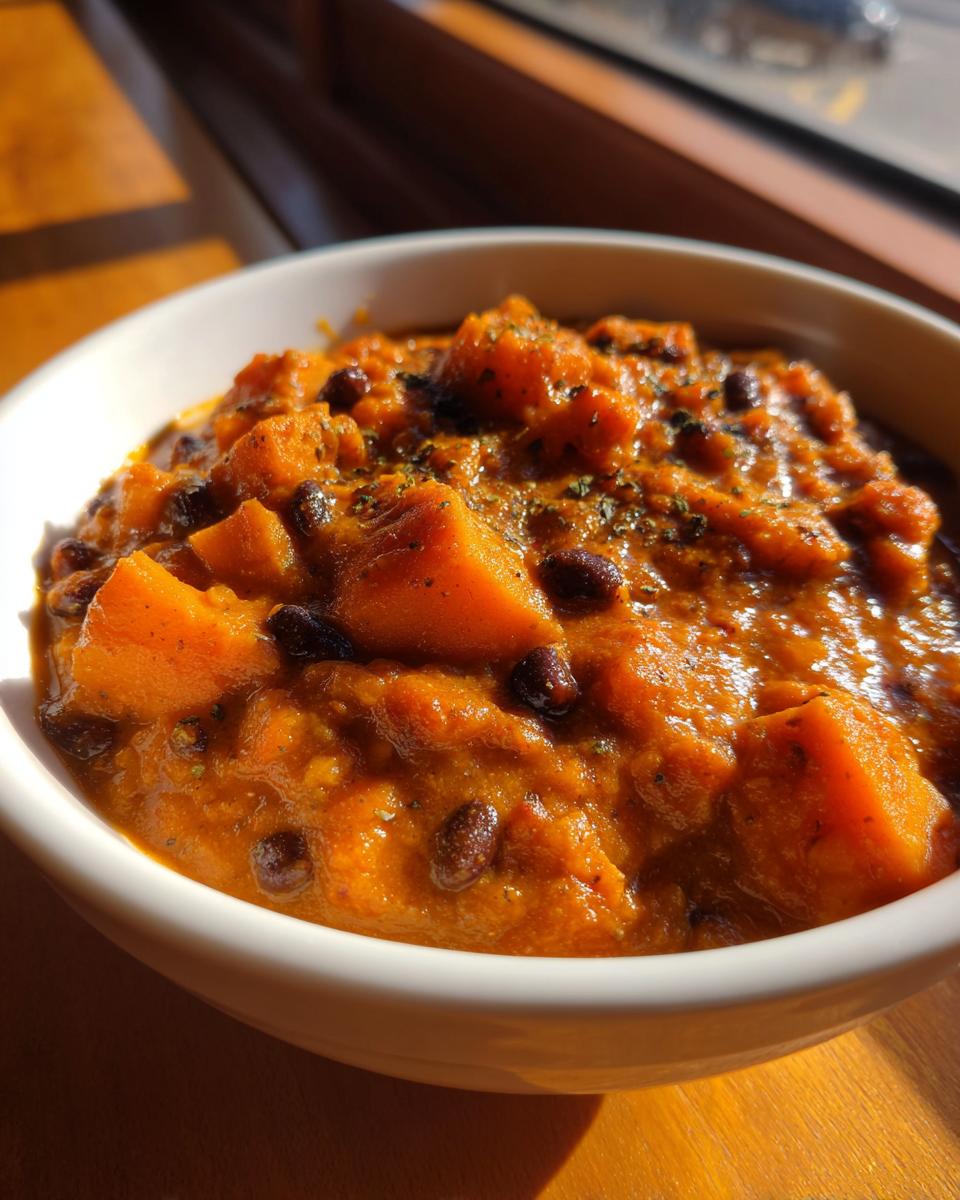 Close-up of a rich, orange butternut squash chili with black beans, garnished with herbs, served in a white bowl.