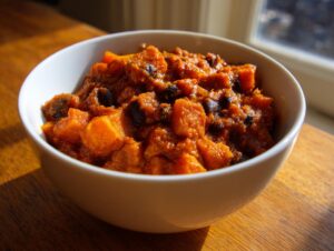 A close-up of a white bowl filled with rich, orange butternut squash chili and black beans, sitting on a wooden table.