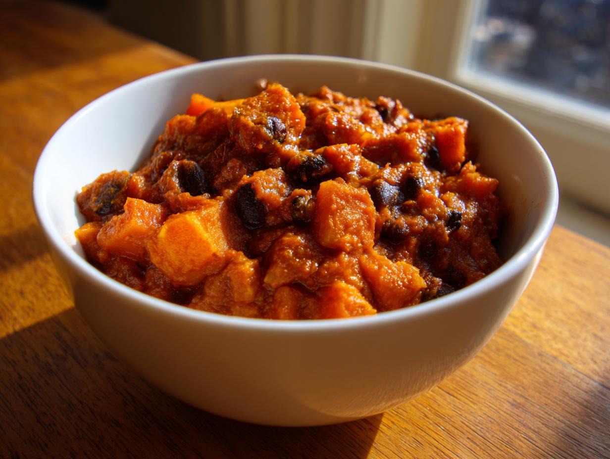 A close-up of a white bowl filled with rich, orange butternut squash chili and black beans, sitting on a wooden table.