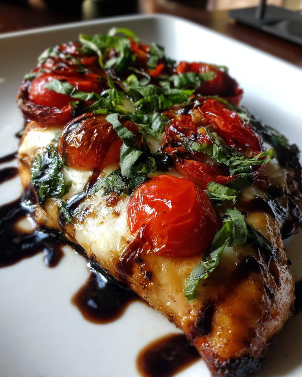 Close-up of a juicy caprese chicken breast topped with melted mozzarella, roasted cherry tomatoes, and fresh basil, drizzled with balsamic glaze.