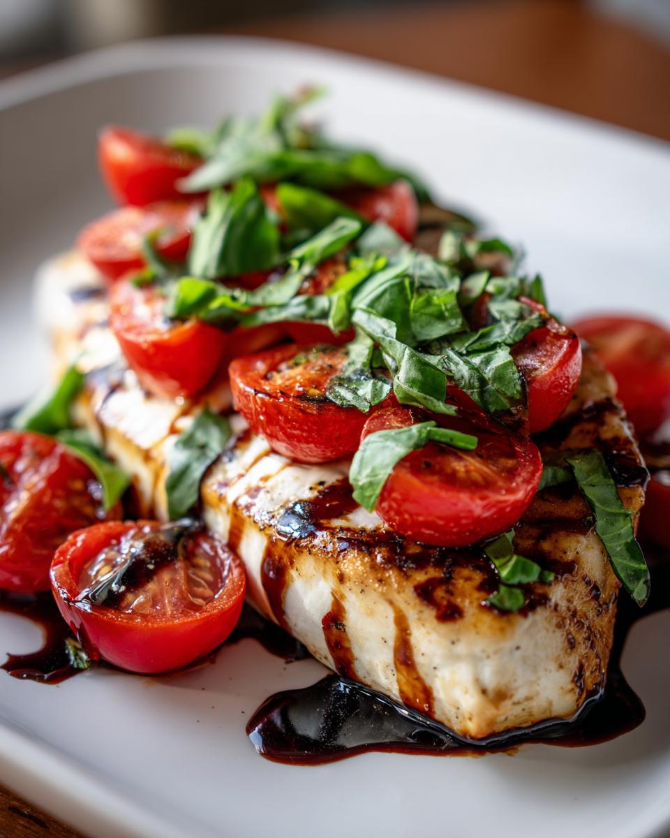 Close-up of a juicy grilled caprese chicken breast topped with halved cherry tomatoes and fresh basil.