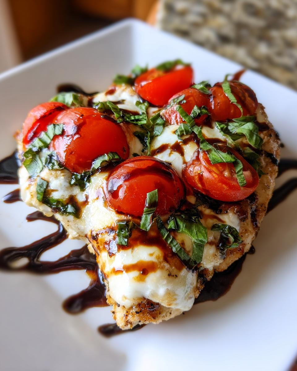 Close-up of a juicy caprese chicken breast topped with melted mozzarella, halved cherry tomatoes, and fresh basil.