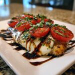 A juicy piece of caprese chicken topped with melted mozzarella, grilled tomatoes, and fresh basil, drizzled with balsamic glaze.
