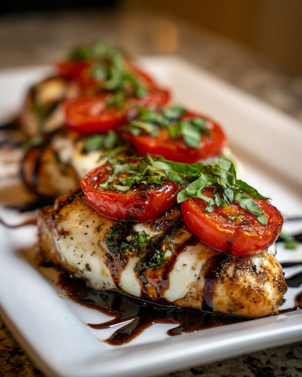 Close-up of baked caprese chicken topped with melted mozzarella, roasted tomatoes, and fresh basil.