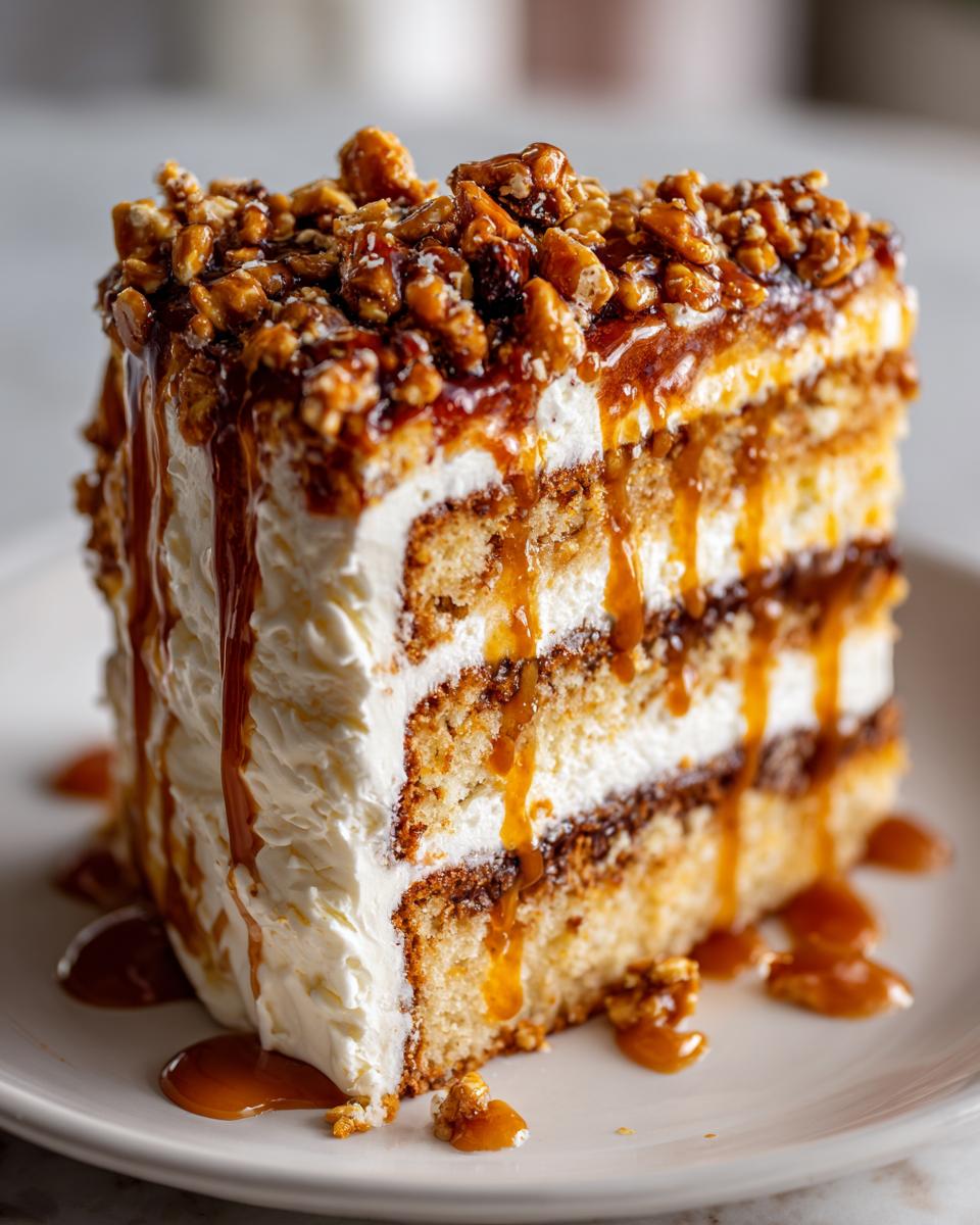 A tall, layered slice of caramel crunch cake featuring white frosting, caramel drizzle, and a crunchy nut topping.