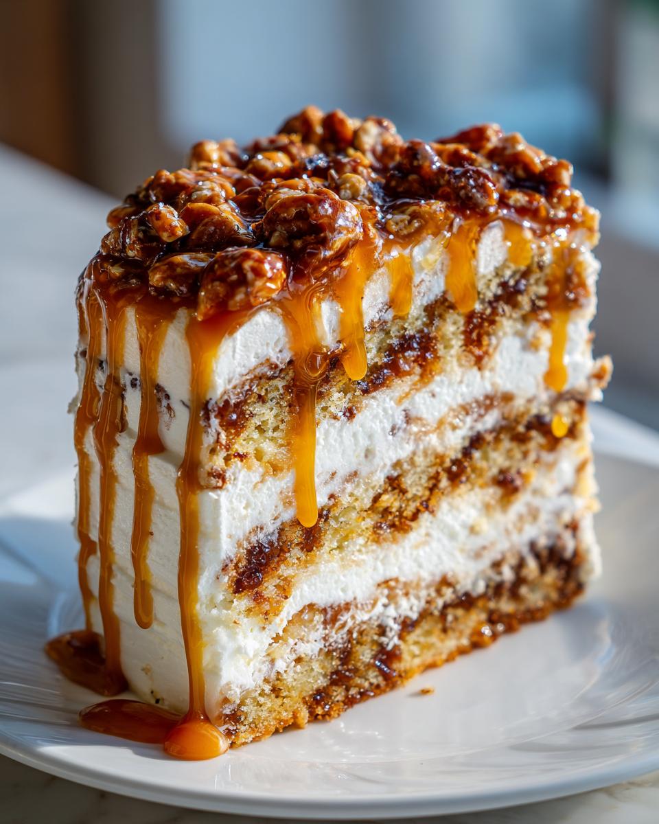 A tall, layered slice of caramel crunch cake featuring white frosting, cake layers, and a topping of candied nuts dripping with caramel sauce.