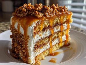 A decadent slice of caramel crunch cake featuring multiple layers of sponge, white cream, and a heavy caramel drizzle and nut topping.