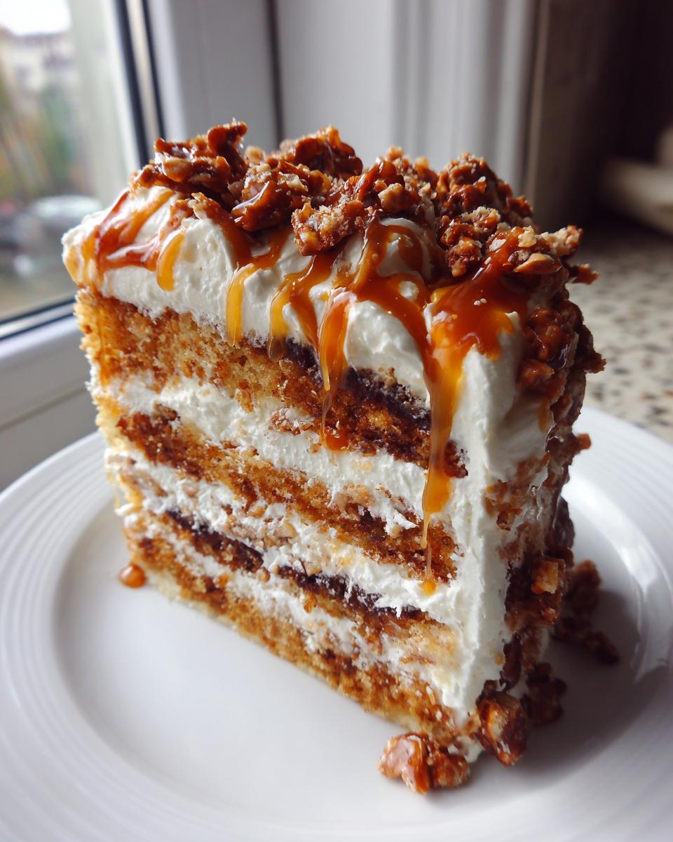 A tall slice of caramel crunch cake with multiple layers of sponge, cream, and topped with crunchy caramel pieces and a heavy caramel drizzle.