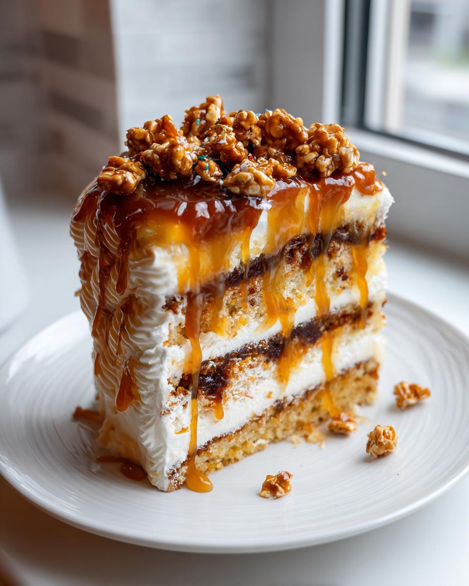 A tall slice of caramel crunch cake layered with cream, topped with caramel drizzle and crunchy popcorn clusters.