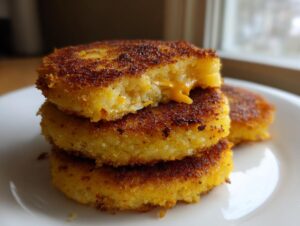 A stack of three golden-brown, pan-fried mashed potato cakes with melted cheese oozing from the top one.