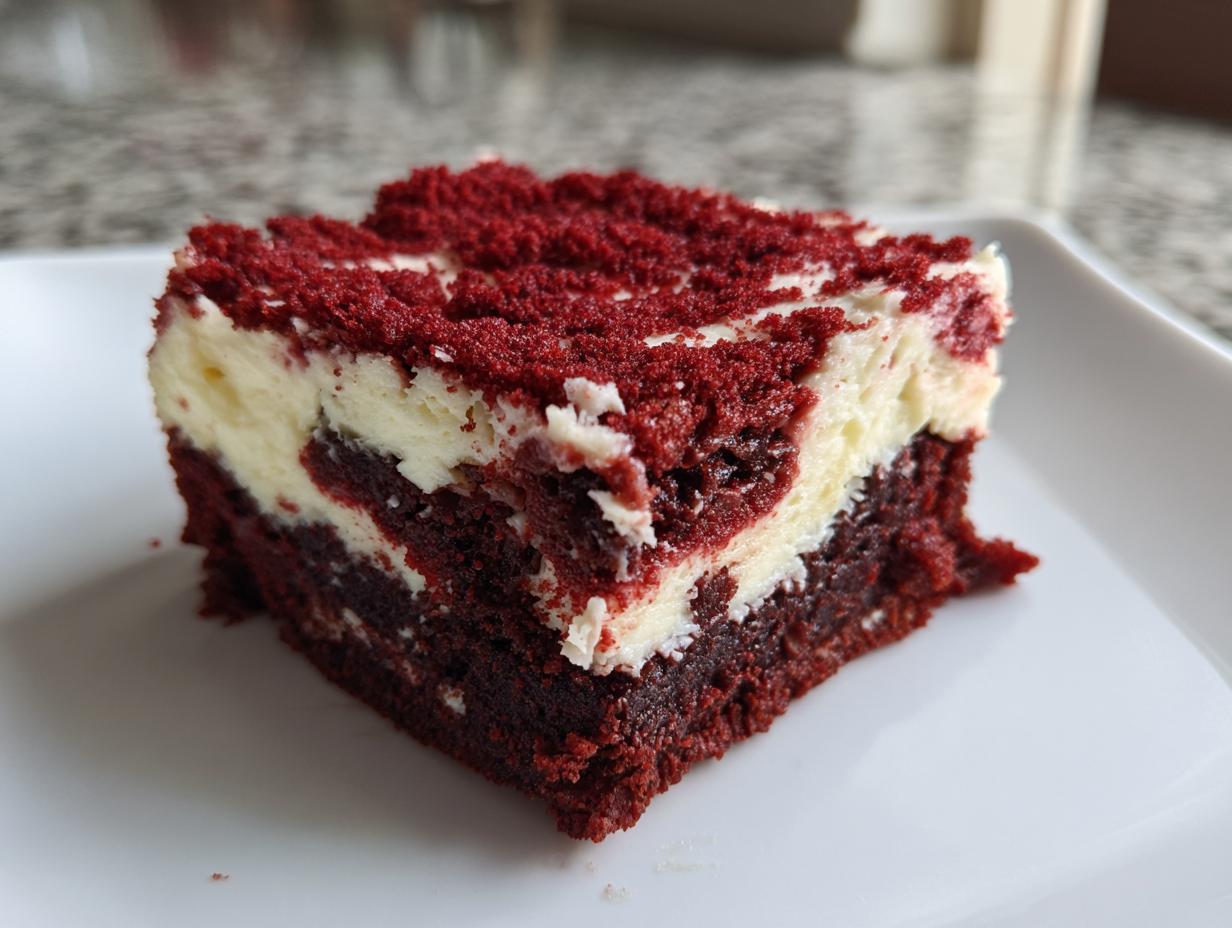 A close-up of a rich, layered red velvet brownies slice with a cream cheese swirl topping.