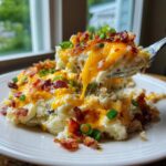 A fork lifts a cheesy, creamy portion of baked potato casserole topped with melted cheddar, bacon bits, and green onions.