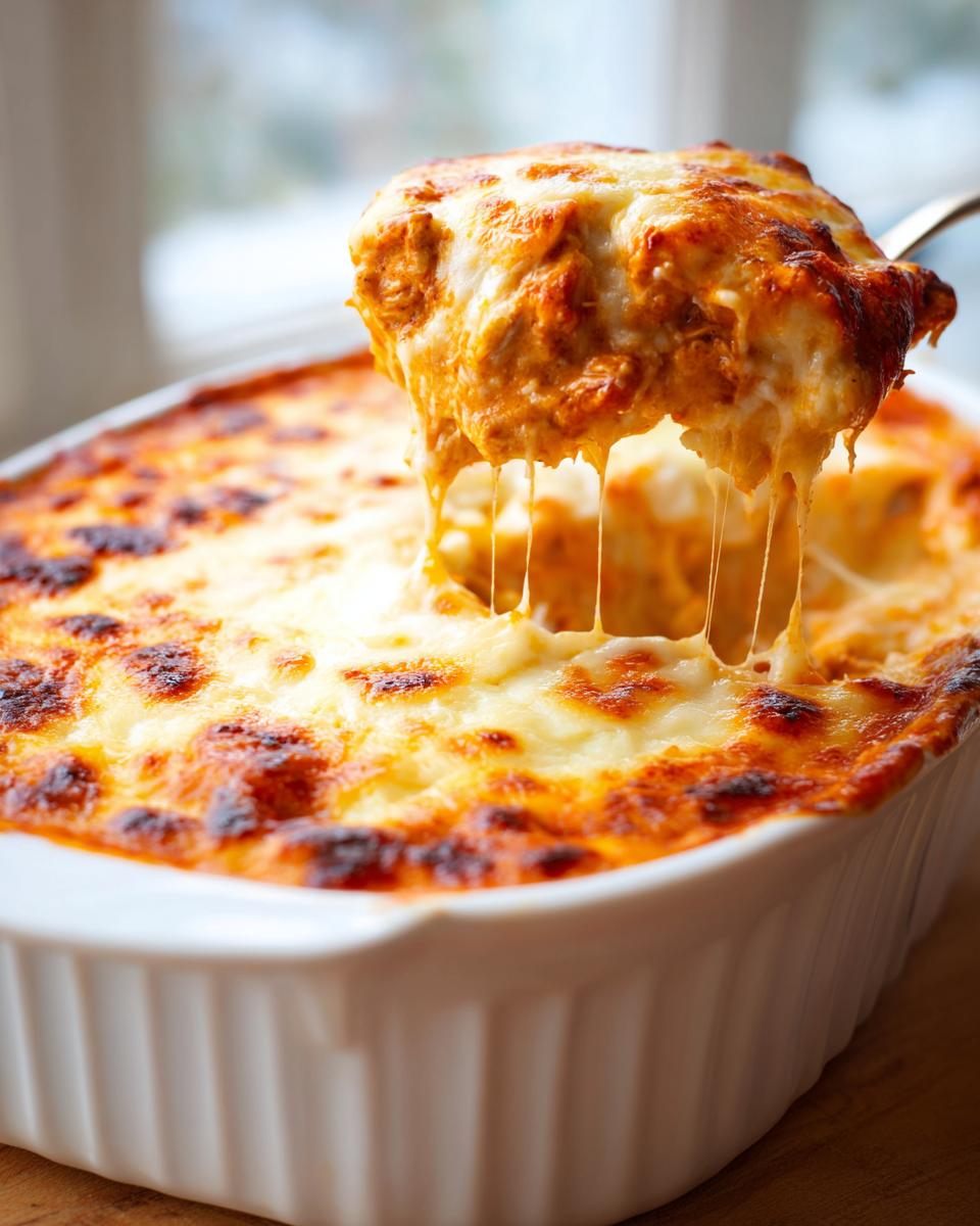 A spoonful of hot, cheesy chicken enchilada dip being lifted, showing long, gooey cheese strings.