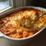 A spoonful of creamy, cheesy chicken enchilada dip being lifted from a white baking dish.