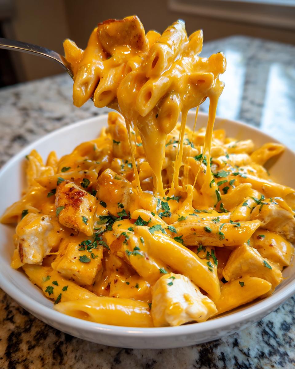 A fork lifts penne pasta covered in thick, orange cheese sauce from a bowl of cheesy chicken pasta, showing a dramatic cheese pull.