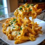 A spoonful of cheesy chicken pasta is lifted, showing long, dramatic cheese pulls over a plate of creamy pasta.