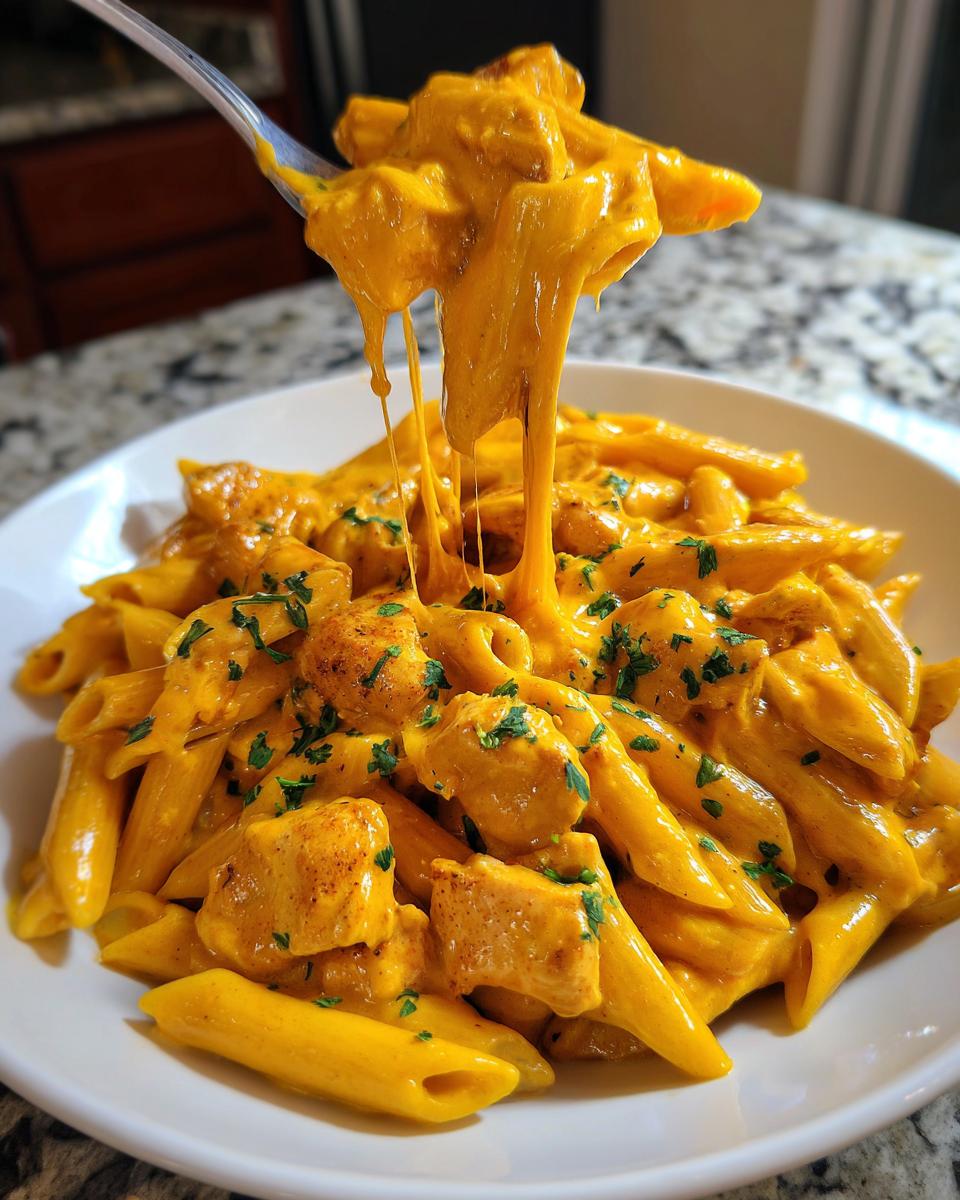 A spoonful of cheesy chicken pasta being lifted, showing long, stretchy cheese pulls over a bowl of penne pasta and chicken.