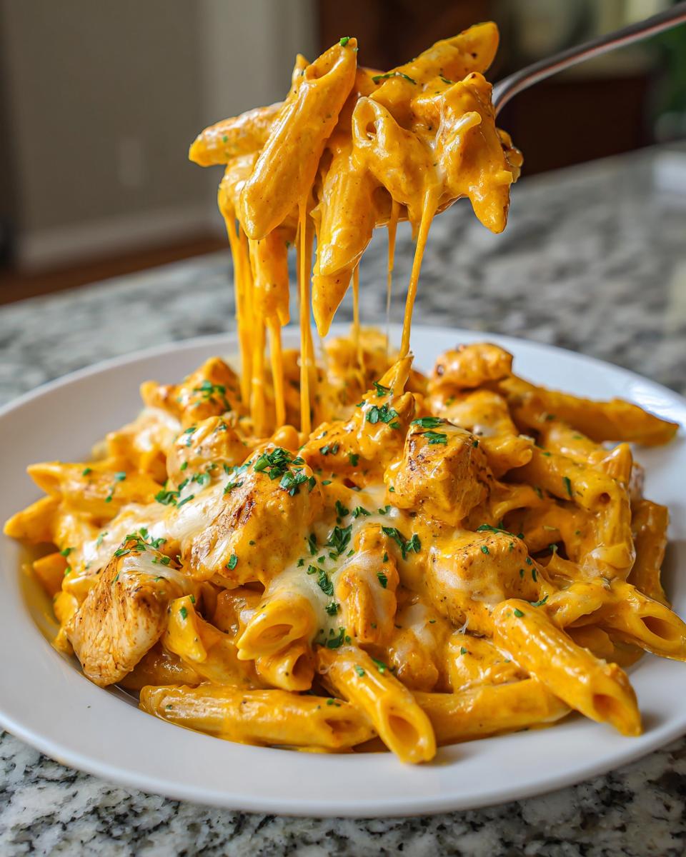 A fork lifting cheesy chicken pasta, showing long cheese pulls over a plate of creamy penne and chicken pieces.
