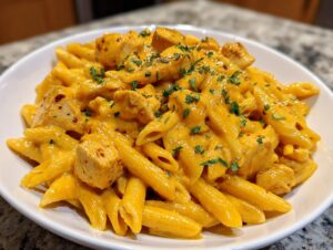Close-up of creamy, orange-hued cheesy chicken pasta made with penne, garnished with parsley.