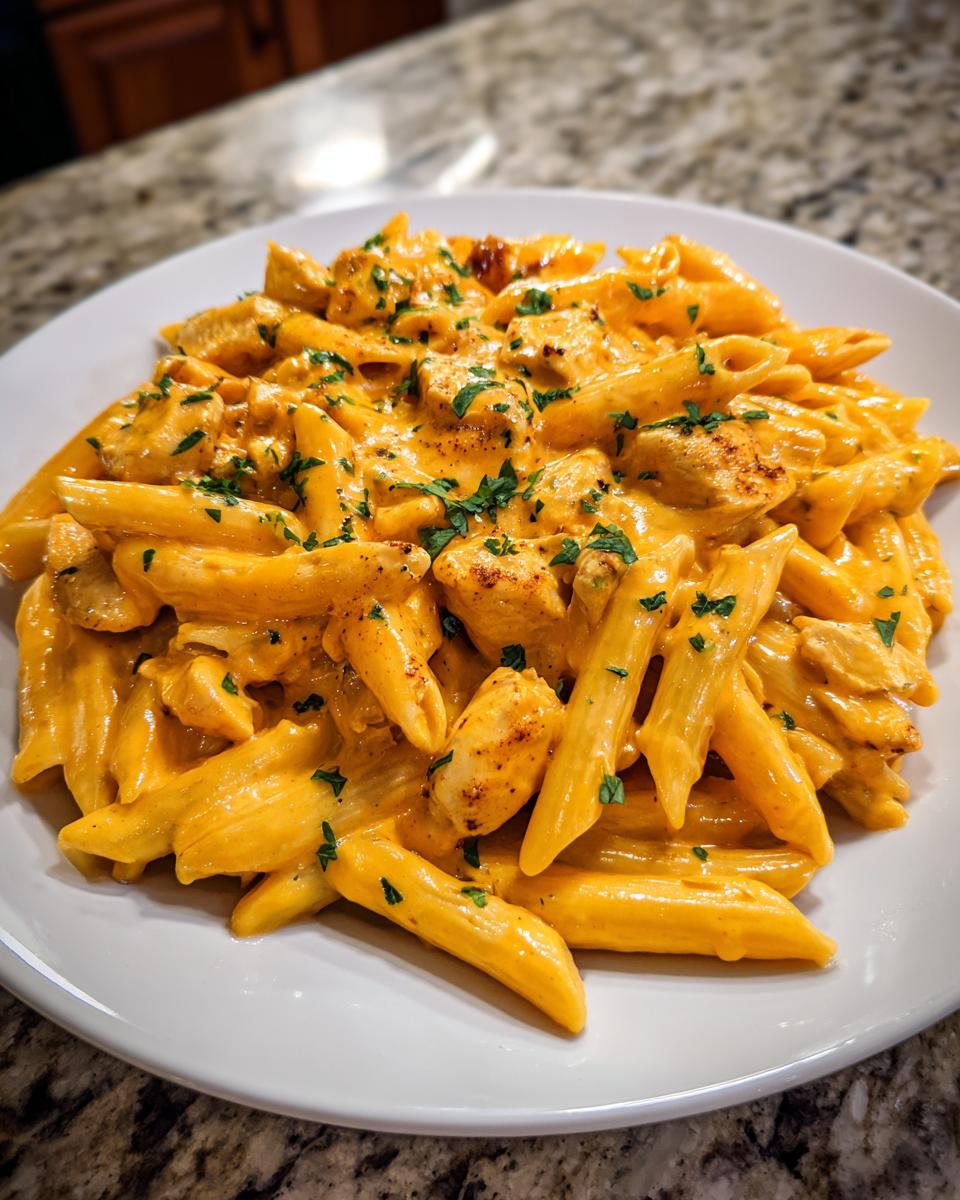 A close-up of a serving of cheesy chicken pasta made with penne, coated in a rich orange sauce and garnished with parsley.