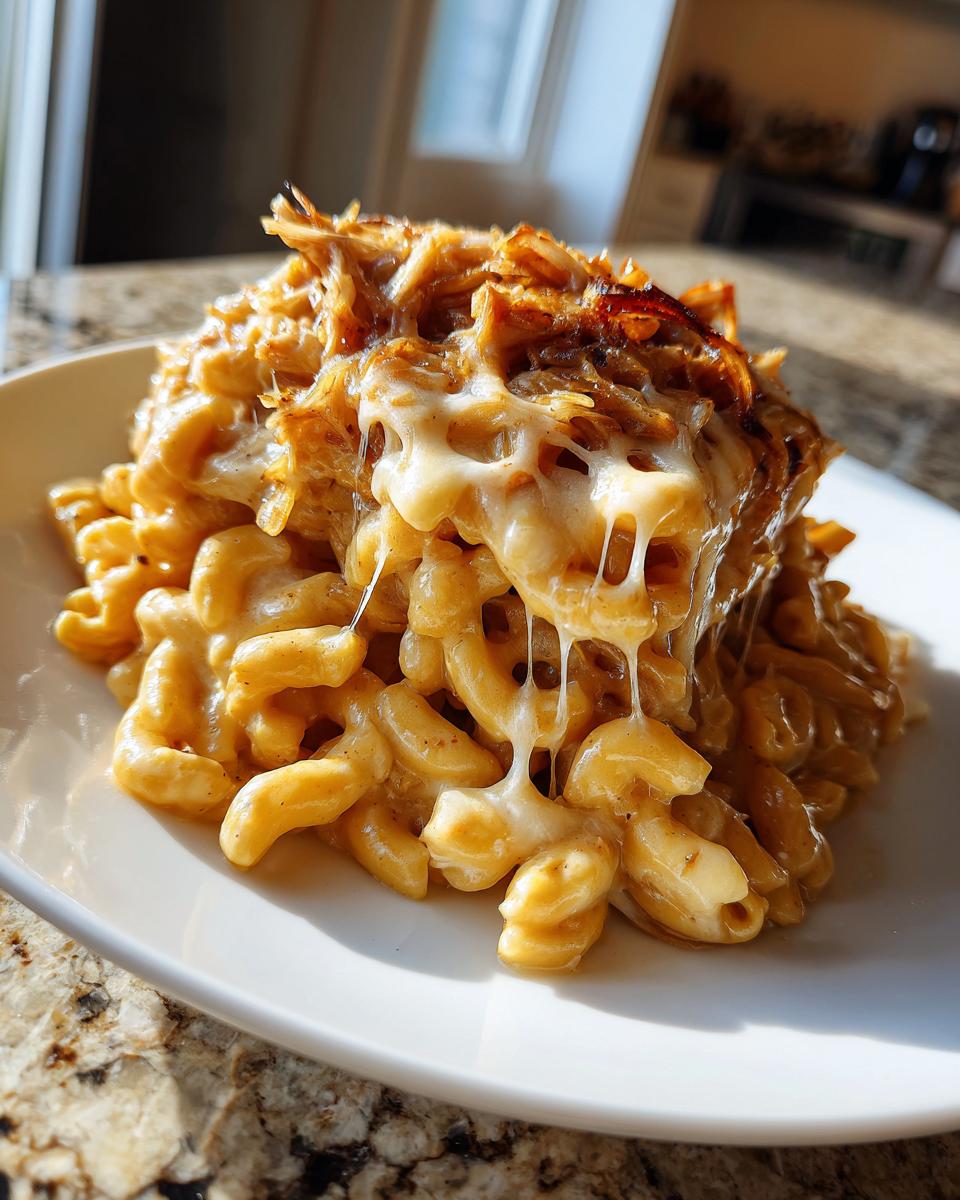 A serving of creamy french onion pasta topped with melted cheese and caramelized onions.