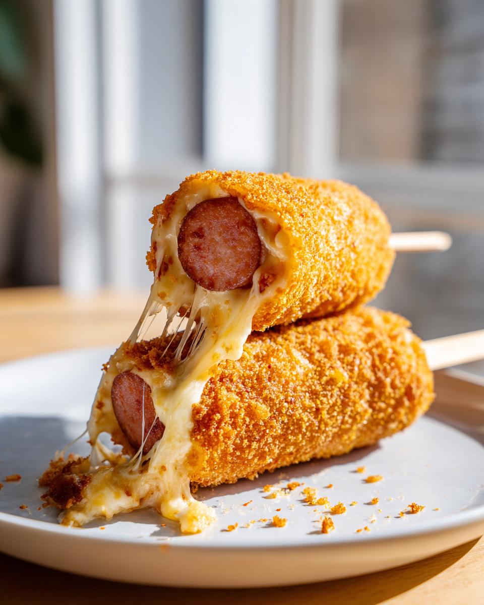 Two stacked Korean corn dogs showing melted cheese stretching between the sausage and crispy coating.