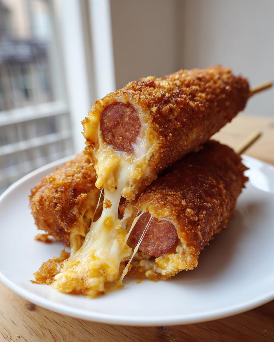 Two halves of a crispy Korean corn dog showing melted, stretchy cheese and a sausage center.