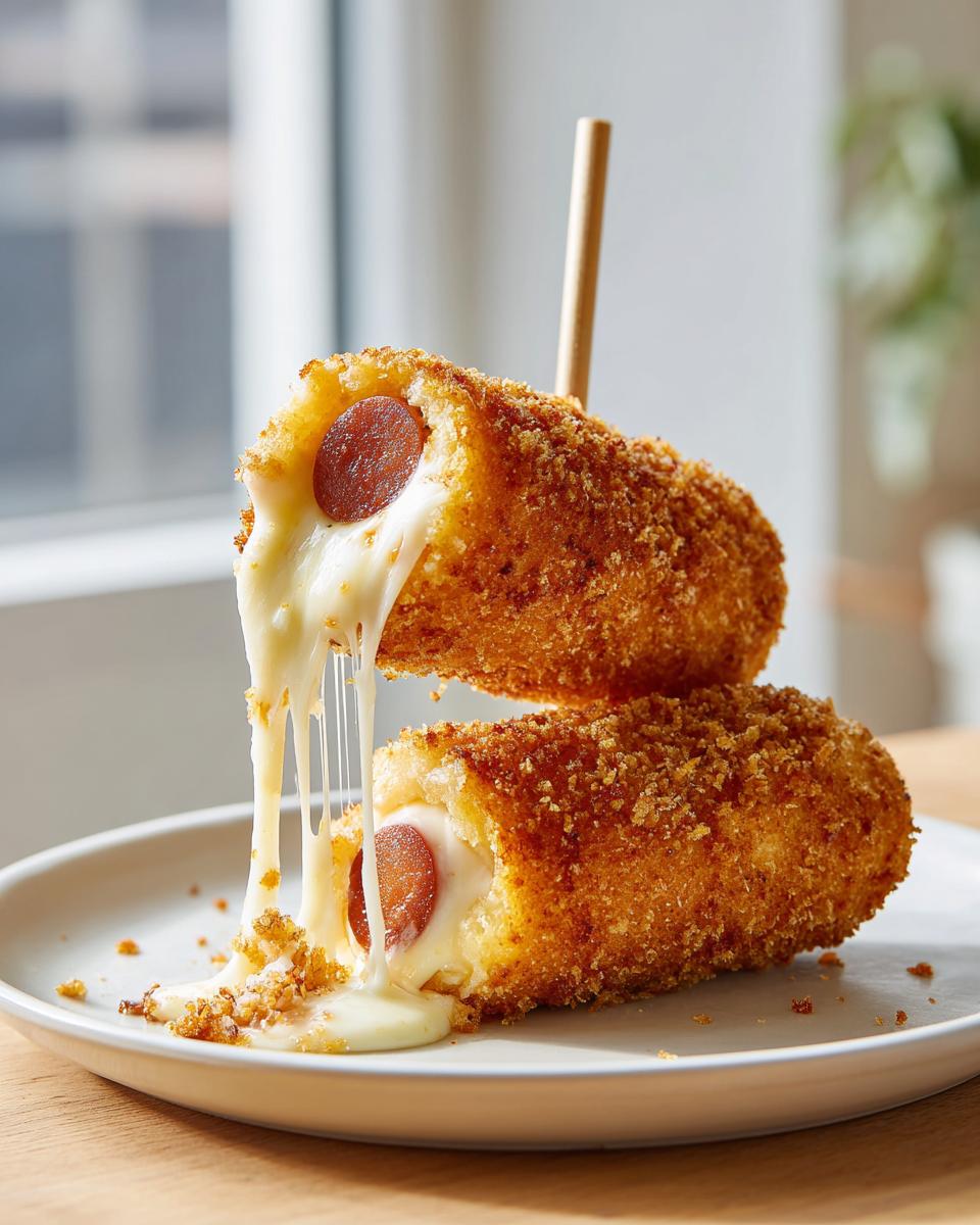 Two halves of a crispy, golden Korean corn dog showing a hot dog and melted cheese stretching between them.