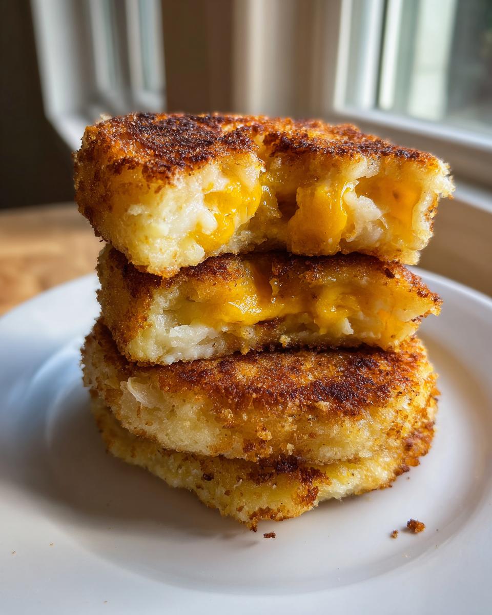 A stack of three golden-brown, crispy mashed potato cakes, with the top two cut open revealing melted cheddar cheese inside.